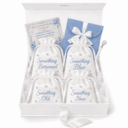 SILLY OBSESSIONS Something Old New Borrowed Blue Wedding Gift Set - 4 Embroidered Satin Bags, Cards, Pen & Gift Box for Bride Bridal Shower