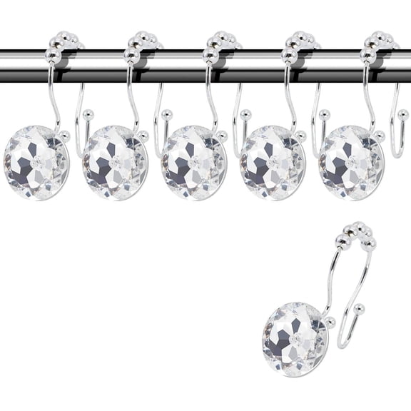 SILOON Decorative Shower Curtain Hooks,12 Pcs Double Glide Shower Curtain Rings Stainless Steel Rustproof Shower Hook Ring with Acrylic Crystal Rhinestones for Bathroom Shower Rods Curtains and Liner