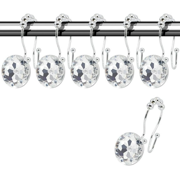 SILOON Decorative Shower Curtain Hooks,12 Pcs Double Glide Shower Curtain Rings Stainless Steel Rustproof Shower Hook Ring with Acrylic Crystal Rhinestones for Bathroom Shower Rods Curtains and Liner
