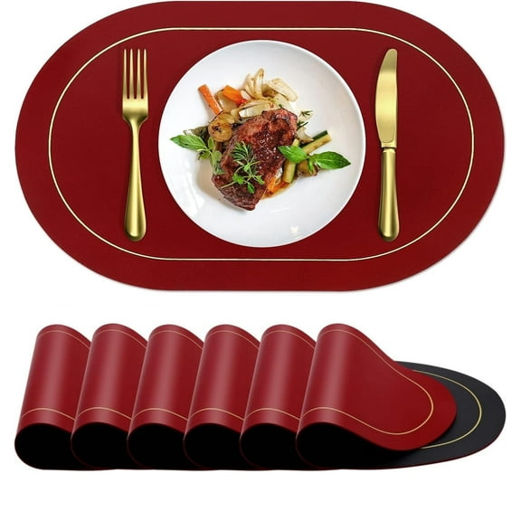 SILOON Faux Leather Placemats Set of 6 - Double-Sided Color Oval Design Dining Table Mats Waterproof Washable Heat Resistant Indoor Outdoor Home Decor Kitchen Table Placemats Wine Red + Black