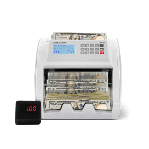 SILVER by AccuBANKER S1070 Portable Bill Counter with Rechargeable Lithium Battery, 4-Point Counterfeit Detection, Speed 1500 Bills/Min, External Display included
