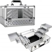 VER Beauty Armored Acrylic 6-Tiers Accordion Trays Professional Cosmetic Makeup Portable Travel Case with Brush Holder Silver Diamond
