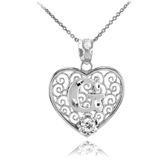 SILVER FILIGREE HEART "G" INITIAL CZ PENDANT NECKLACE - Pendant only