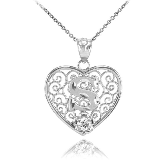 SILVER FILIGREE HEART "S" INITIAL CZ PENDANT NECKLACE : Pendant with 20" chain
