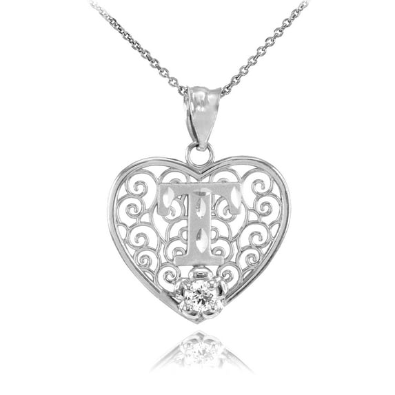 SILVER FILIGREE HEART "T" INITIAL CZ PENDANT NECKLACE : Pendant with 20" chain