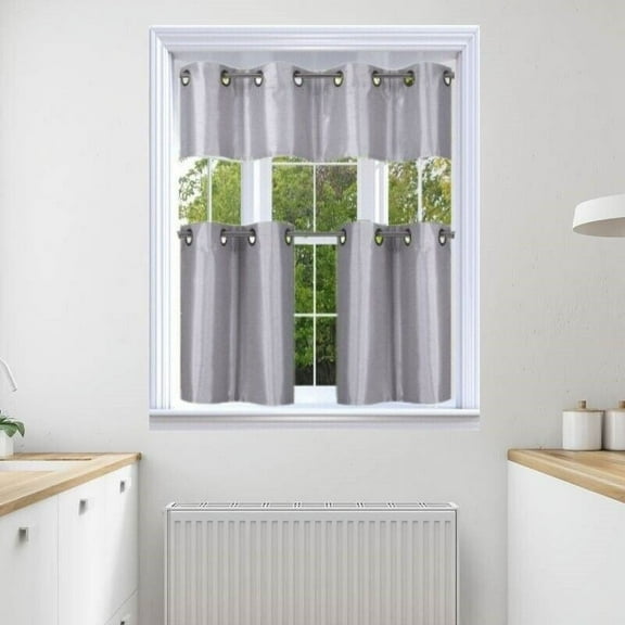 SILVER K7 3PC SET KITCHEN WINDOW CURTAIN BLACKOUT FOR SMALL /SHORT WINDOW FOR ANY SEASON 24" LONG