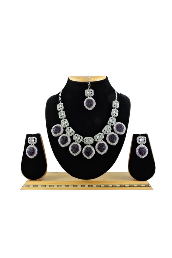 Silver Plated Rhinestone Choker Necklace Earrings Tikka Set