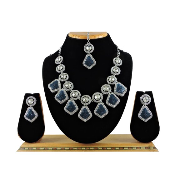 Silver Plated Rhinestone Choker Necklace Earrings Tikka Set