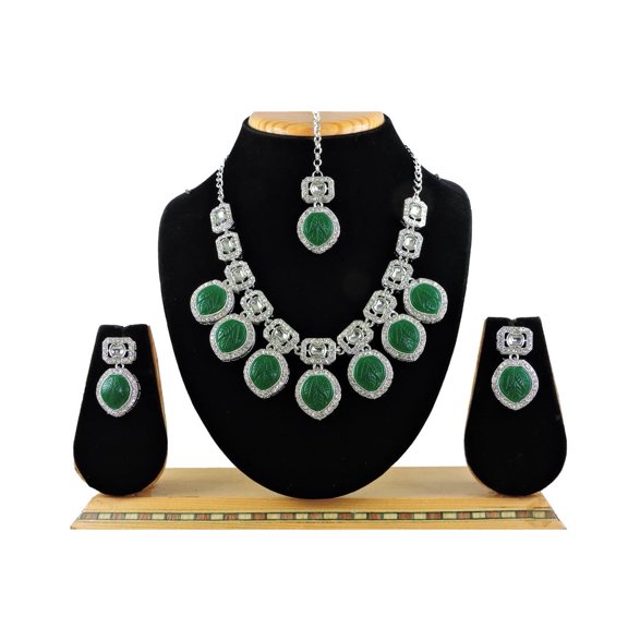 Silver Plated Rhinestone Choker Necklace Earrings Tikka Set