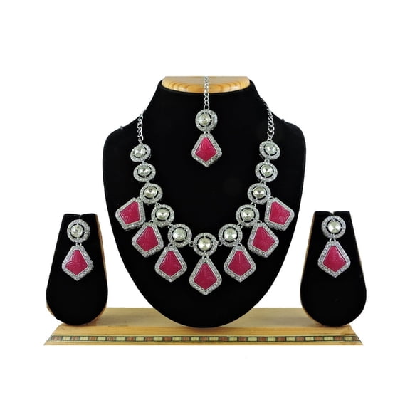 Silver Plated Rhinestone Choker Necklace Earrings Tikka Set