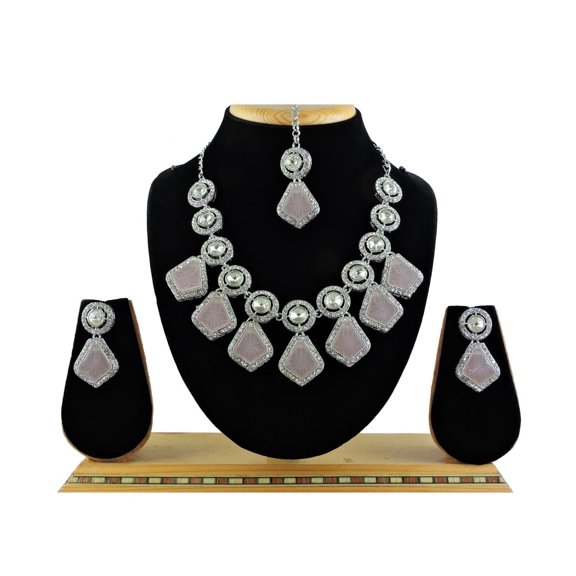 Silver Plated Rhinestone Choker Necklace Earrings Tikka Set