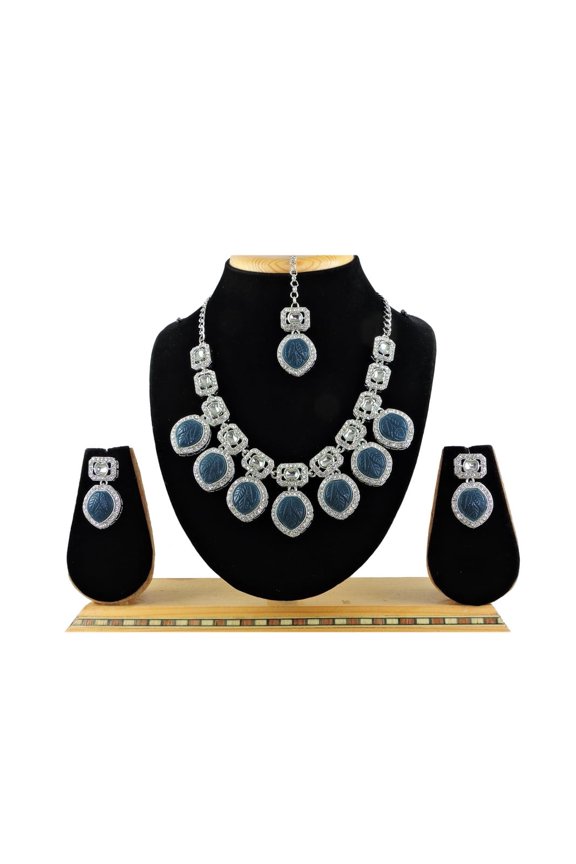 Silver-Plated Rhinestone Choker Necklace, Earrings, Tikka Set jewelry for women