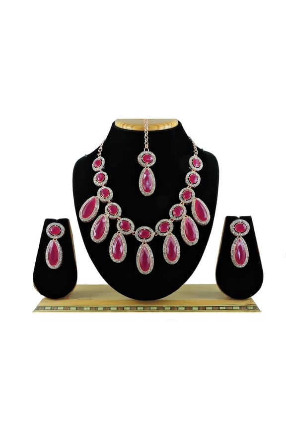 Silver Plated Rhinestone Choker Necklace Earrings Tikka Set