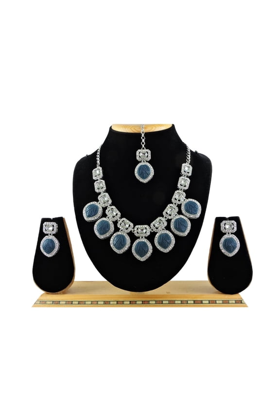 Silver-Plated Rhinestone Choker Necklace, Earrings, Tikka Set, 4-Pack