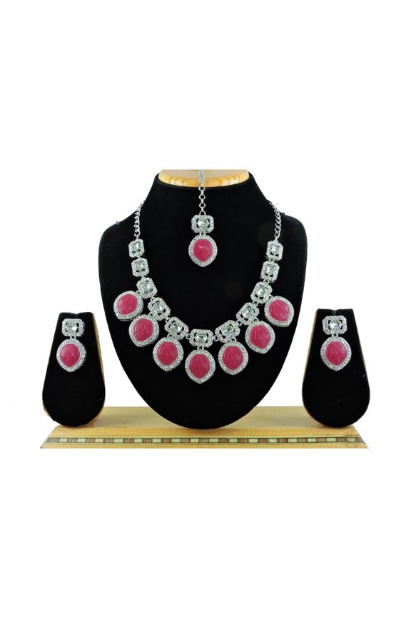 Silver Plated Rhinestone Choker Necklace Earrings Tikka Set