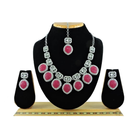 Silver Plated Rhinestone Choker Necklace Earrings Tikka Set