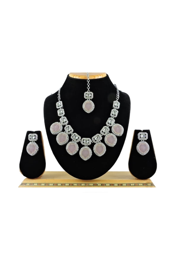 Silver Plated Rhinestone Choker Necklace Earrings Tikka Set