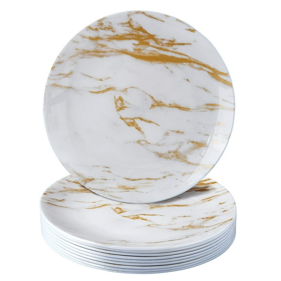SILVER SPOONS Marble Design Disposable Dessert AFN1Plates For Party (10 Pc) Heavy Duty Disposable Dinner Set 7.5, Fine Dining Plastic Dishes For Elegant China Look - White/Gold