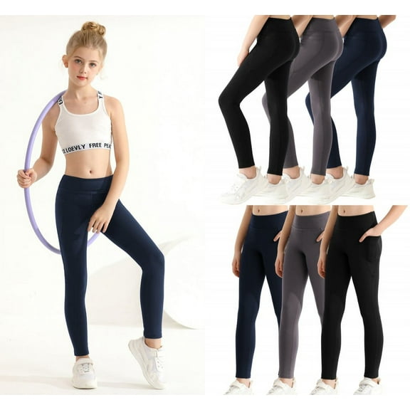 SILVERCELL 1/2/3 Pack Little Girls Athletic Leggings, Teens Big Girl Running Dance Yoga Pants Tights with Pockets, Size 4-15 Years