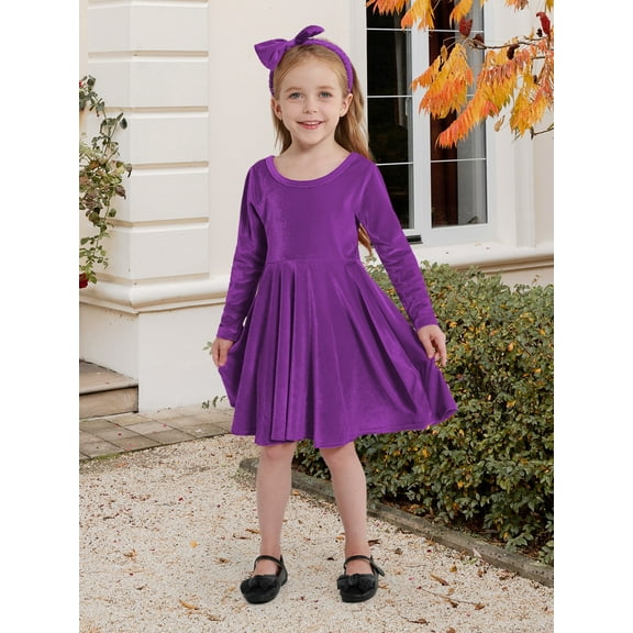 SILVERCELL 1-9T Toddler Girls Christmas Velvet Twirl Dresses   Headband, Little Girl Casual Long Sleeve Swing A-Line Skater Party Dress, 1-9 Years, Dark Purple