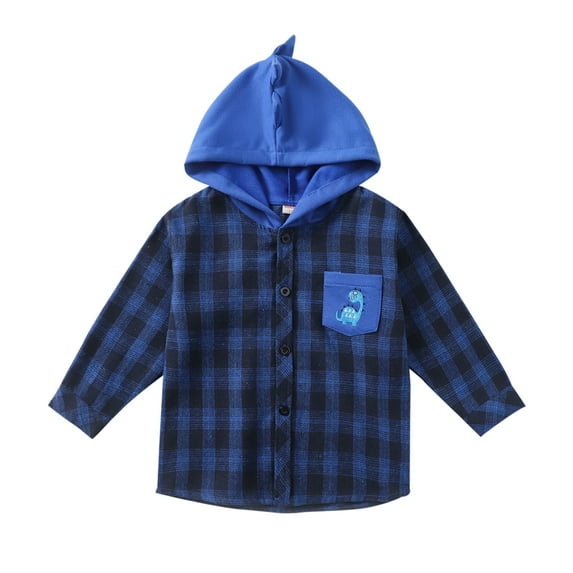 SILVERCELL 12M-6T Toddler Boys Long Sleeve Button-Down Plaid Shirt Dinosaur Hooded Tops Loose Hoodie Shirts, Blue