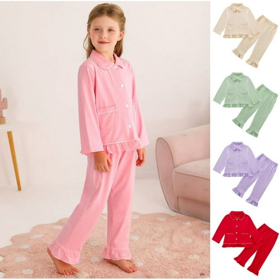 SILVERCELL 12M-6T Toddler Girls Button-Down Cotton Pajamas Set 2PCS Shirt and Pants Sleepwear Winter Fall PJs Gift for Kids