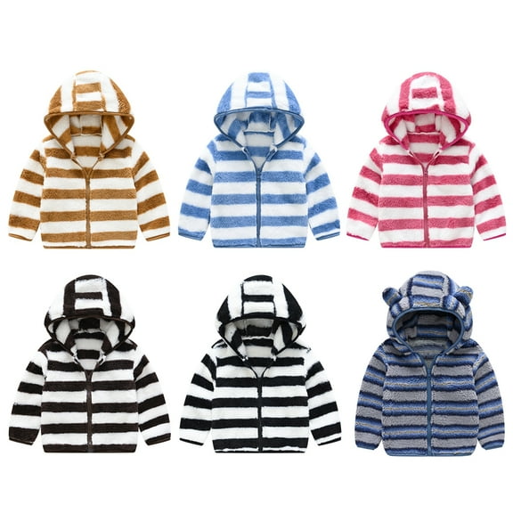 SILVERCELL 12M-7T Kids Boys Girs Winter Warm Fleece Hooded Jacket Striped Sweatshirts Tops Toddlers Cozy Soft Zipper Hoodie Sweatshirt Coat Outwear