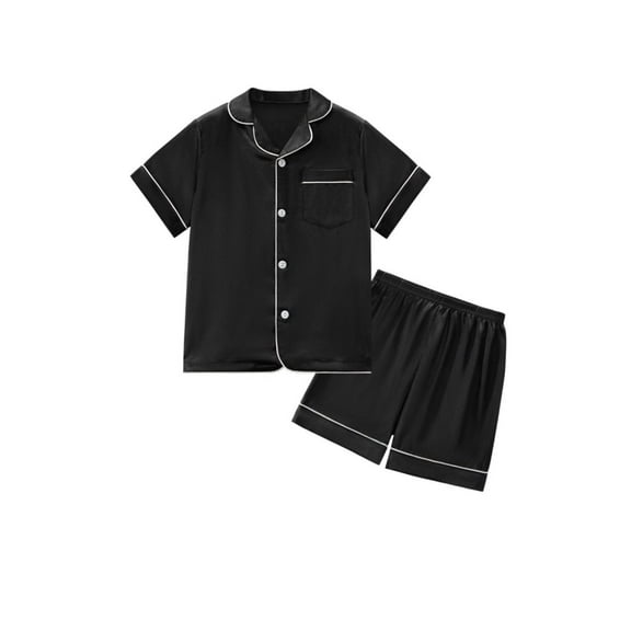 SILVERCELL 13-16Y Unisex Big Girls Boys 2Pcs Satin Silk Pajamas Set Cute Print Short Sleeve Sleepwear Button-Down PJs Sets Nightwear Loungewear Gifts For Teens Youngster