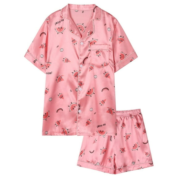 SILVERCELL 13-16Y Unisex Big Girls Boys 2Pcs Satin Silk Pajamas Set Cute Print Short Sleeve Sleepwear Button-Down PJs Sets Nightwear Loungewear Gifts For Teens Youngster