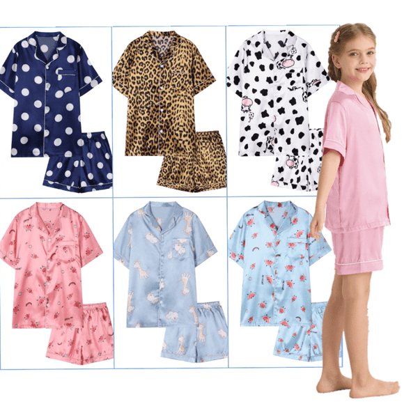 13-16Y Unisex Big Girls Boys 2Pcs Satin Silk Pajamas Set Cute Print Short Sleeve Sleepwear Button-Down PJs Sets Nightwear Loungewear Gifts For Teens Youngster