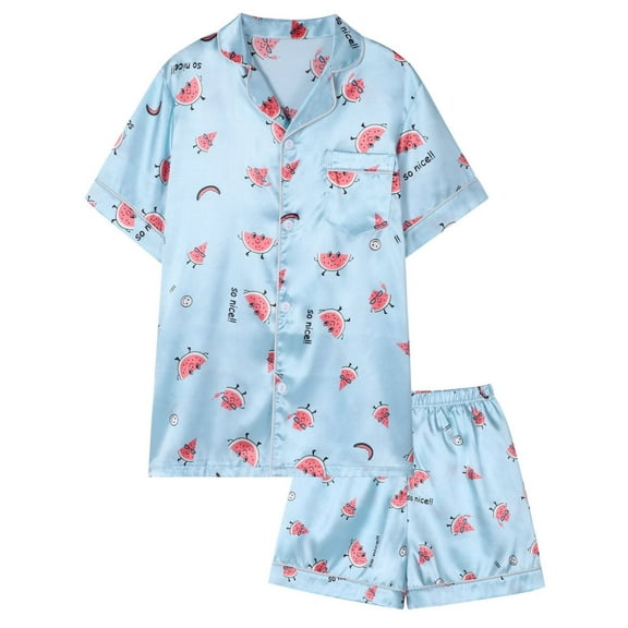 SILVERCELL 13-16Y Unisex Big Girls Boys 2Pcs Satin Silk Pajamas Set Cute Print Short Sleeve Sleepwear Button-Down PJs Sets Nightwear Loungewear Gifts For Teens Youngster
