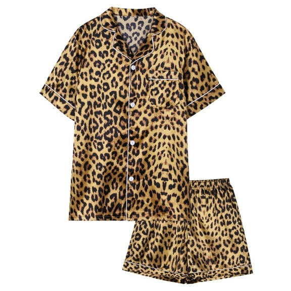 SILVERCELL 13-16Y Unisex Big Girls Boys 2Pcs Satin Silk Pajamas Set Cute Print Short Sleeve Sleepwear Button-Down PJs Sets Nightwear Loungewear Gifts For Teens Youngster