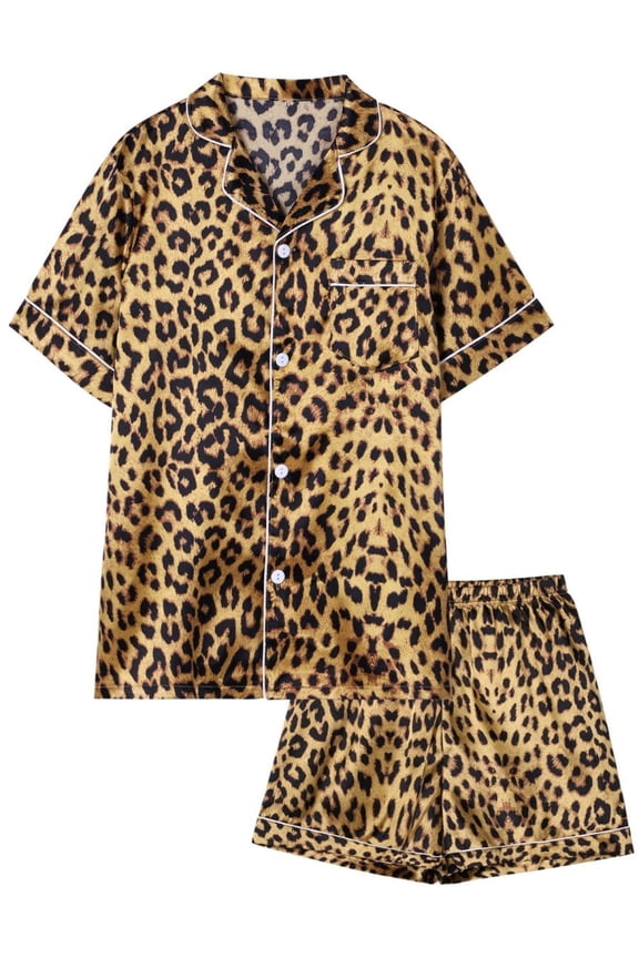 13-16Y Unisex Big Girls Boys 2Pcs Satin Silk Pajamas Set Cute Print Short Sleeve Sleepwear Button-Down PJs Sets Nightwear Loungewear Gifts For Teens Youngster