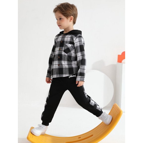 SILVERCELL 18M-6T Toddler Boys Clothes Long Sleeve Flannel Plaid Shirt Hooded Tops   Pants 2Pcs Fall Outfits Set