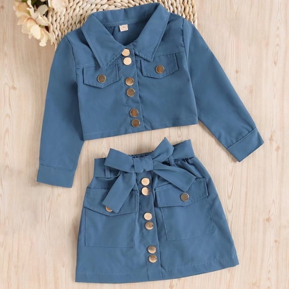 SILVERCELL 18M-6T Toddler Girls 2 Pieces Skirt Outfits Button Front Long Sleeve Jacket Top   Skirt Set, Blue