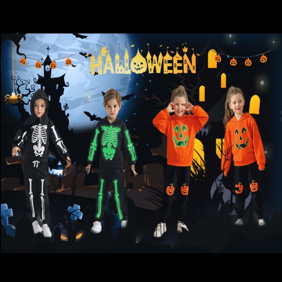 SILVERCELL 2-6T Kids Boys Girls Halloween Glow-in-The-Dark Outfits Skeleton Pumpkin Print Hoodie Sweatshirt + Pant Toddler Clothes Set