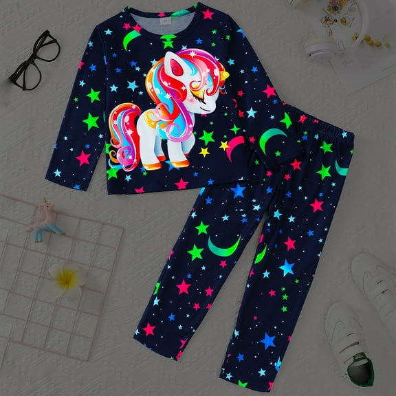 SILVERCELL 2-7T Toddler Boys Girls Glow In The Dark Pajamas Set Kids Long Sleeve Cute Print PJs Sleepwear Loungewear Set