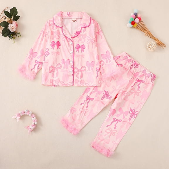 SILVERCELL 2-7T Toddler Girls Casual Button Down Satin Silk Sleepwear Pajamas Cute Print Fluffy Sleeve 2 Pieces Pajama Set For Little Kids Girls Christmas Valentines Day Pjs Gifts
