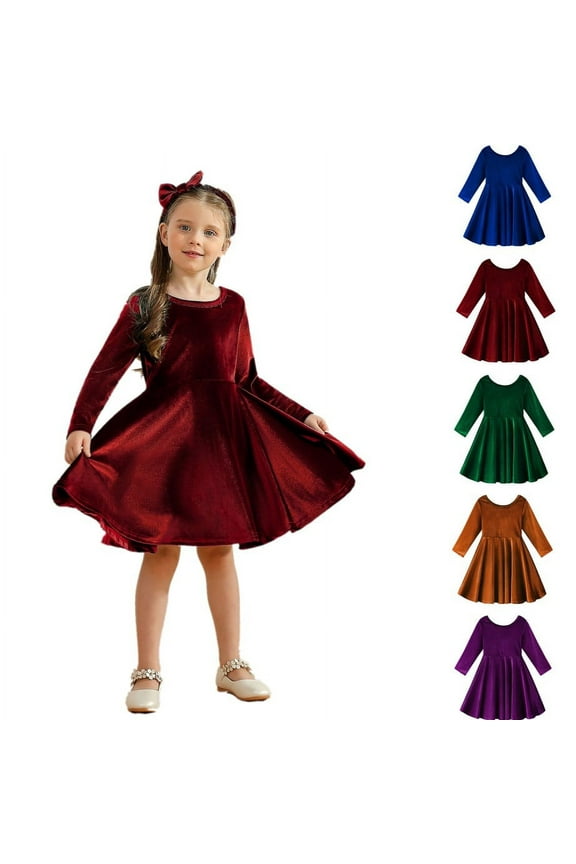 2-7T Toddler Girls Christmas Velvet Twirl Dresses + Headband, Little Girl Casual Long Sleeve Swing A-Line Skater Party Dress, 2-7 Years, Burgundy