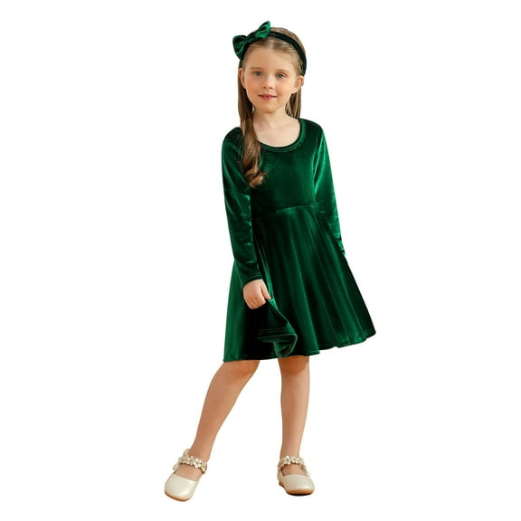 SILVERCELL 2-7T Toddler Girls Christmas Velvet Twirl Dresses   Headband, Little Girl Casual Long Sleeve Swing A-Line Skater Party Dress, 2-7 Years, Green