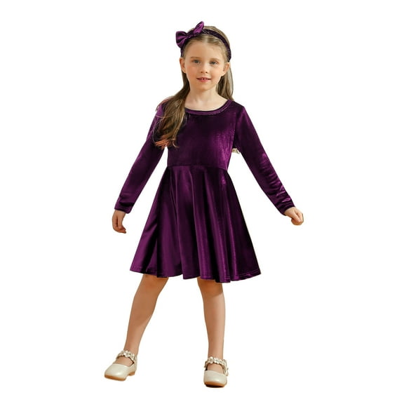 SILVERCELL 2-7T Toddler Girls Christmas Velvet Twirl Dresses   Headband, Little Girl Casual Long Sleeve Swing A-Line Skater Party Dress, 2-7 Years, Purple