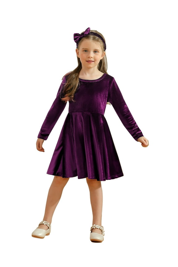 2-7T Toddler Girls Christmas Velvet Twirl Dresses + Headband, Little Girl Casual Long Sleeve Swing A-Line Skater Party Dress, 2-7 Years, Purple