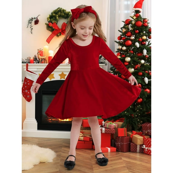 SILVERCELL 1-9T Toddler Girls Christmas Velvet Twirl Dresses + Headband, Little Girl Casual Long Sleeve Swing A-Line Skater Party Dress, 1-9 Years, Red