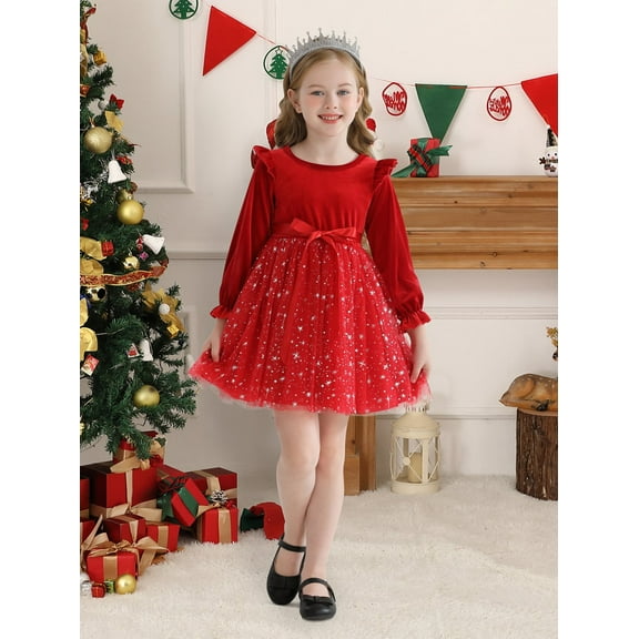 SILVERCELL 2-7T Toddler Girls Christmas Velvet Twirl Tutu Dresses, Little Girl Casual Ruffled Sleeve Swing A-Line Skater Party Dress, 2-7 Years