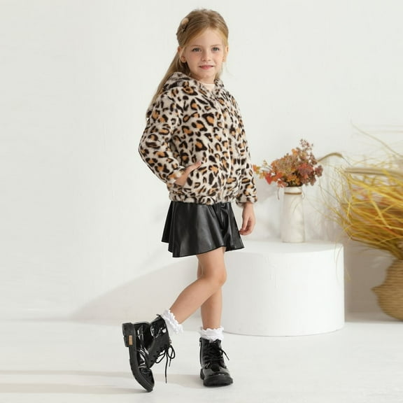 SILVERCELL 2-9T Girls Winter Warm Fleece Hooded Jacket Coat Toddler Girl Casual Leopard Pattern Zipper Coats Outwear
