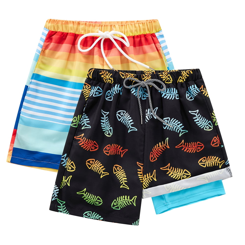 SILVERCELL 2 Pack Boys Swim Trunks with Boxer Brief Liner Swim Shorts Boys Compression Liner Youth Anti Swim Trunks 5-16 Years