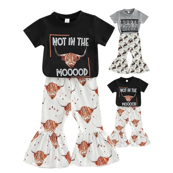 SILVERCELL 2Pcs Toddler Baby Girl Clothes Letter Print Short Sleeve T-Shirt Top Bell-Bottom Pants Western Cowgirl Outfit Set