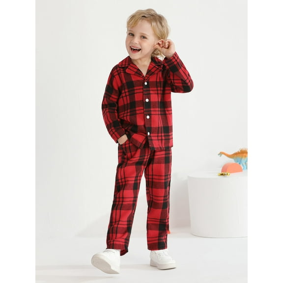 SILVERCELL 2Pcs Toddler Boys Girls Long Sleeve Pajamas Set Kids Button Down Sleepwear Pjs Christmas Plaid Pajama Loungewear 1-6T