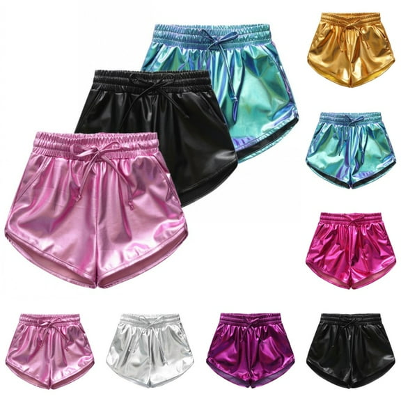 SILVERCELL 3 Pack Girls Metallic Shorts Party Shiny Hot Pants Sparkly Dance Shorts Athletic Shorts, 4-12 Years