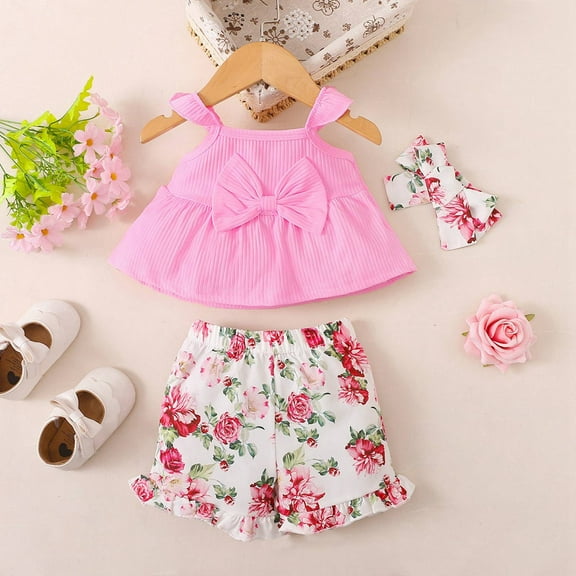 SILVERCELL 3M-2T Baby Girls Summer Floral Outfits Clothes Ribbed T-shirt Vest Tops   Floral Shorts   Headband Set
